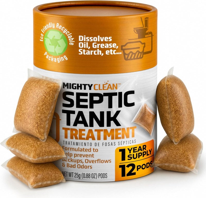 Mighty Clean Septic Tank Treatment - 12 Pods, 1 Year Supply - RV Toilet Treatment - Dissolvable Septic Tank Treatment Pods with Natural Bacteria and Enzymes for Effective Septic Treatment - Eco-Friendly Solution - Image 1